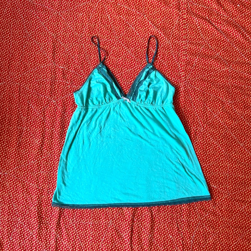 Gilligan & O'Malley Teal Lace Trim babydoll cotton Cami Tank Top Medium
